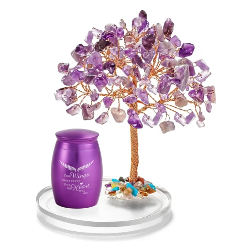 Angel Wings Mini Urn for Pet Ashes with Amethyst Crystal Tree